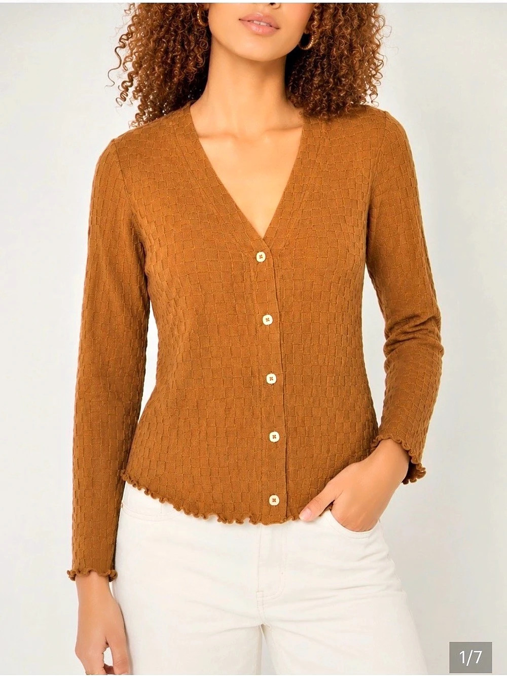 Madewell XXS Brown Textured Knit Button Front Cardigan Top lettuce hem